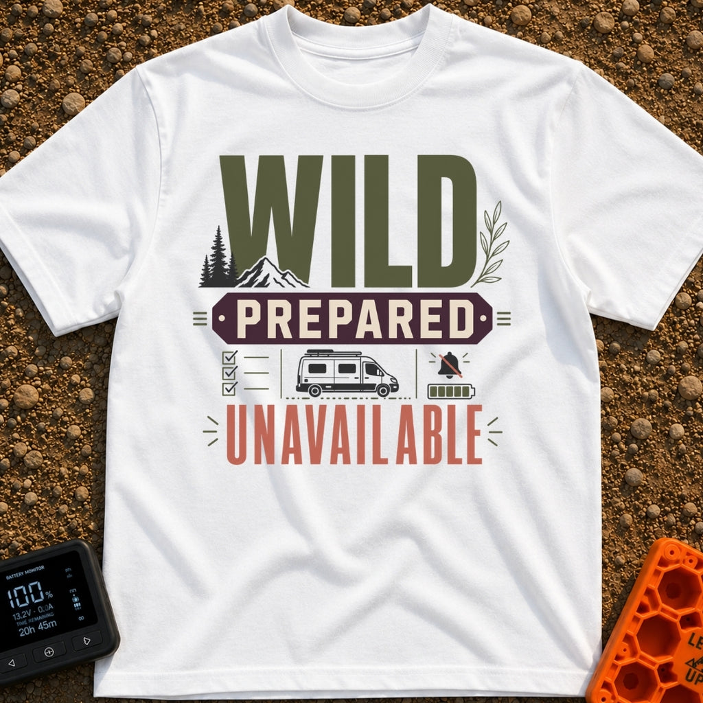 Wildly Prepared And Offline - T-Shirt in White - A typographic design reading "WILD PREPARED UNAVAILABLE" featuring...