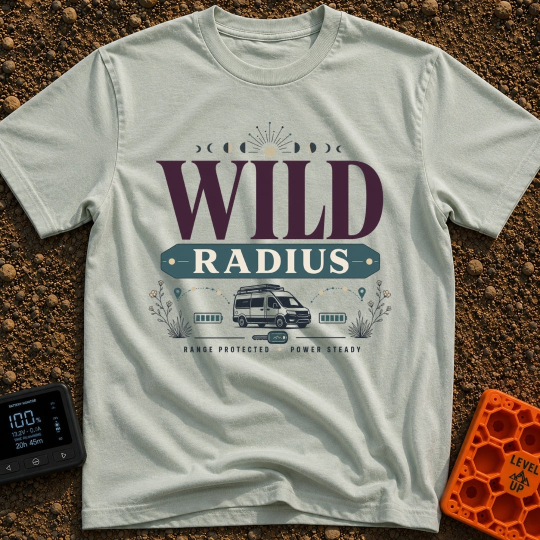 Keep Your Radius Wild - T-Shirt in Bay - A graphic featuring a campervan below the large text "WILD RADIUS" and a sun and...