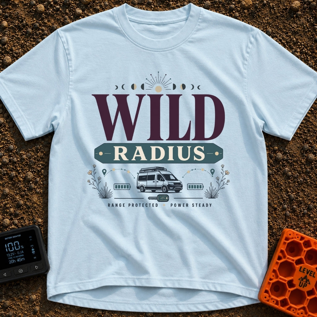 Keep Your Radius Wild - T-Shirt in Chambray - A graphic featuring a campervan below the large text "WILD RADIUS" and a...