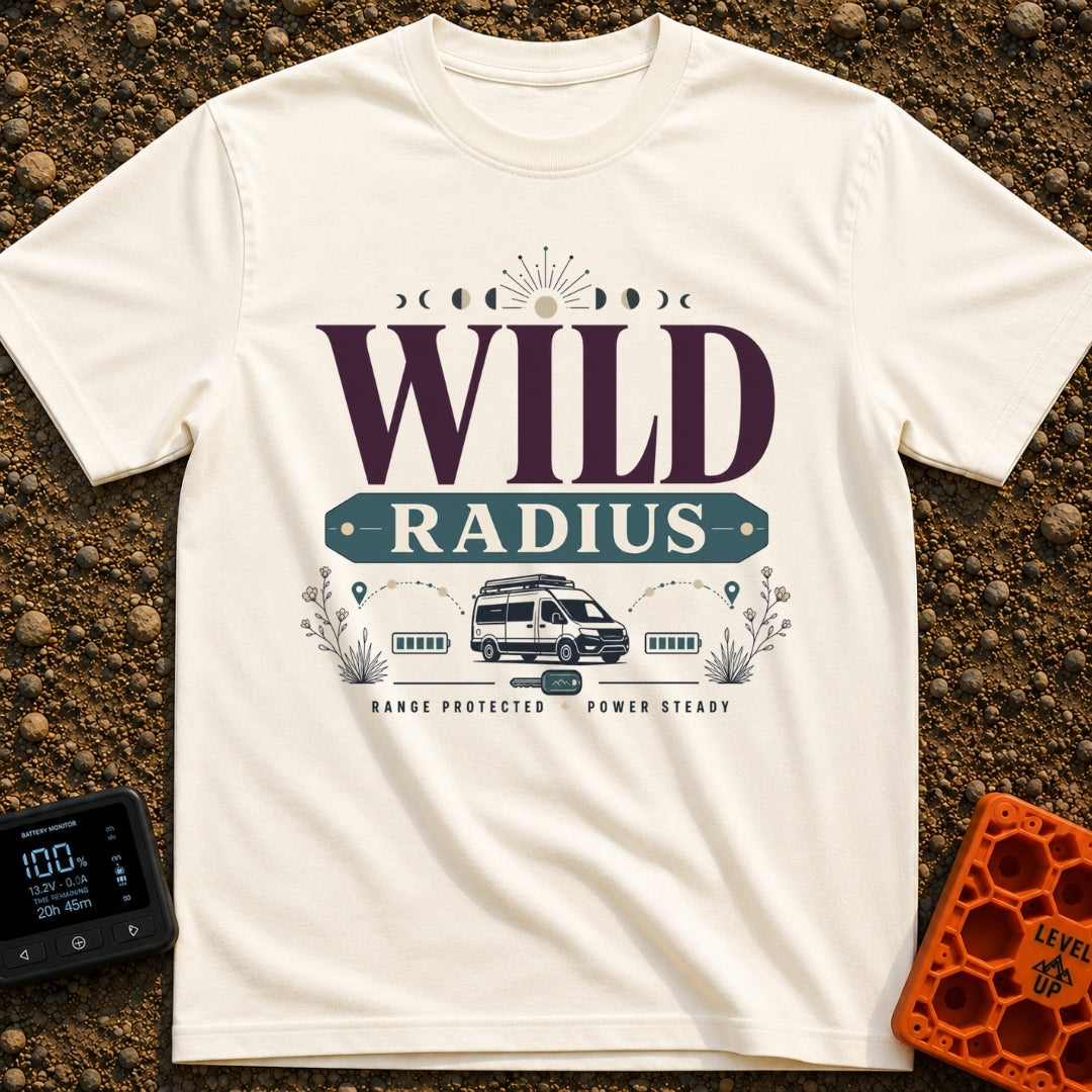 Keep Your Radius Wild - T-Shirt in Ivory - A graphic featuring a campervan below the large text "WILD RADIUS" and a sun...
