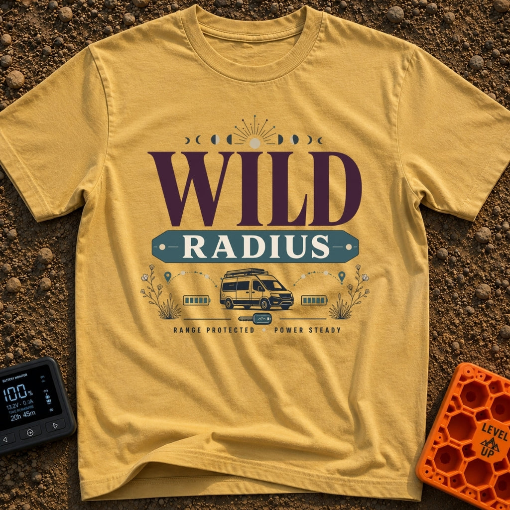 Keep Your Radius Wild - T-Shirt in Mustard - A graphic featuring a campervan below the large text "WILD RADIUS" and a sun...