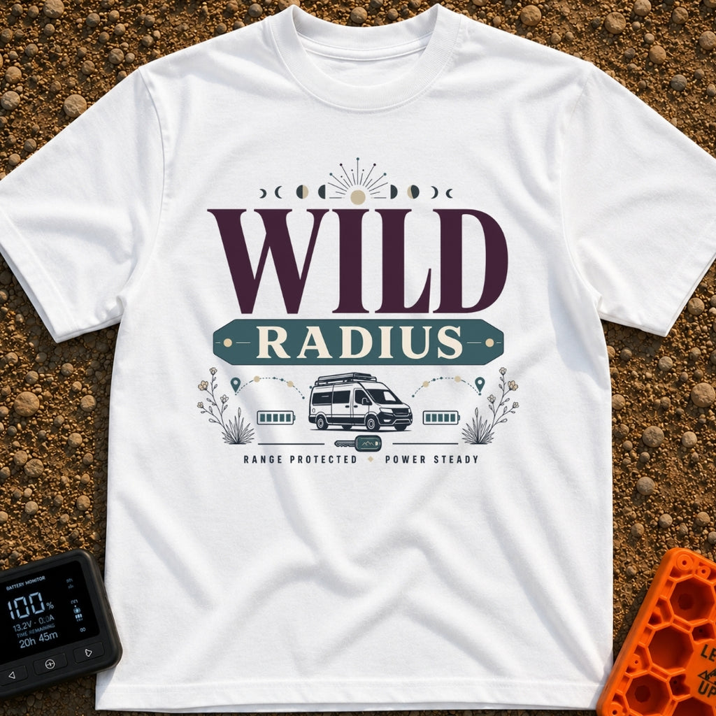 Keep Your Radius Wild - T-Shirt in White - A graphic featuring a campervan below the large text "WILD RADIUS" and a sun...