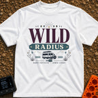 Keep Your Radius Wild - T-Shirt in White - A graphic featuring a campervan below the large text "WILD RADIUS" and a sun...