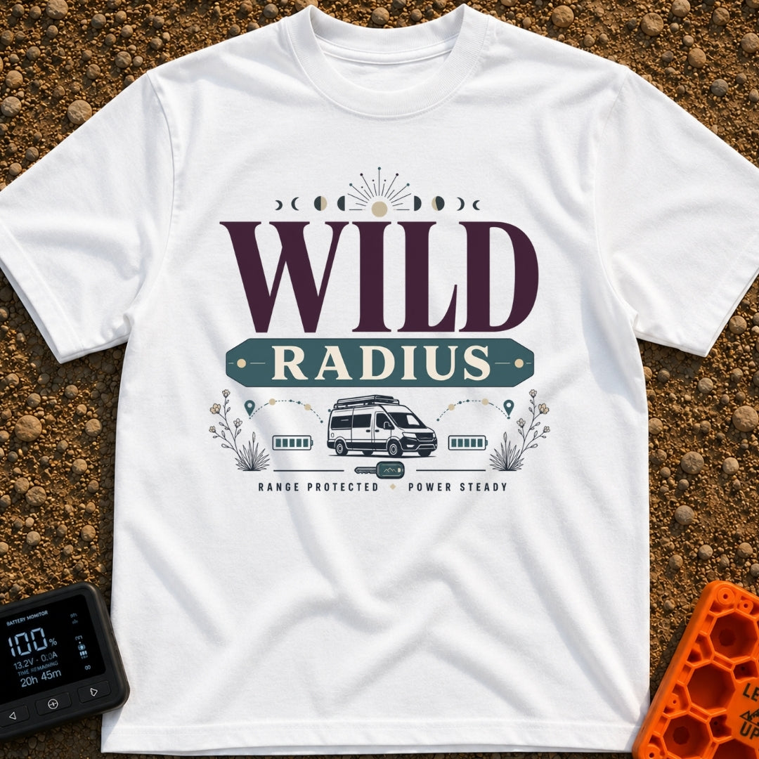 Keep Your Radius Wild - T-Shirt in White - A graphic featuring a campervan below the large text "WILD RADIUS" and a sun...