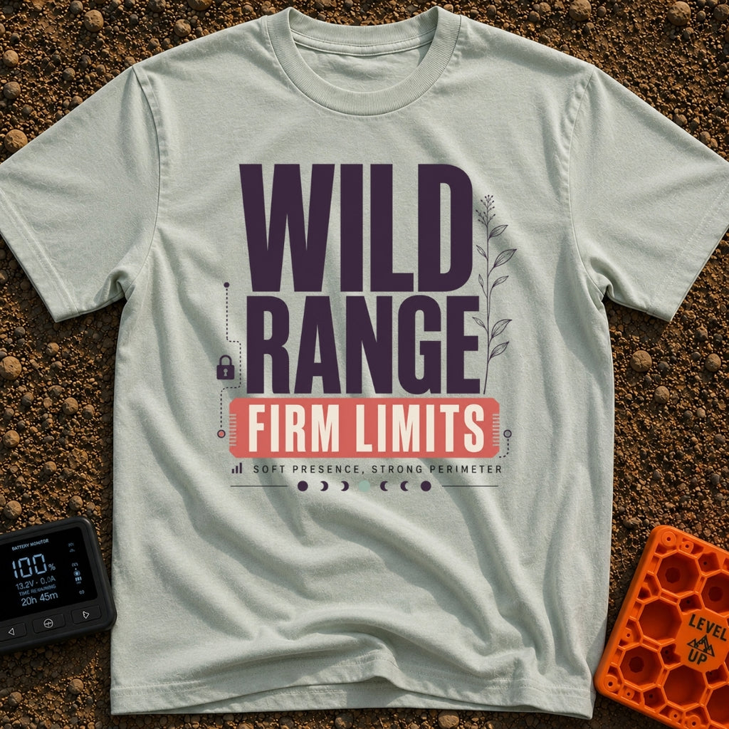 Wild Range Firm Limits - T-Shirt in Bay - A typographic design featuring the large text "WILD RANGE" above a red banner...