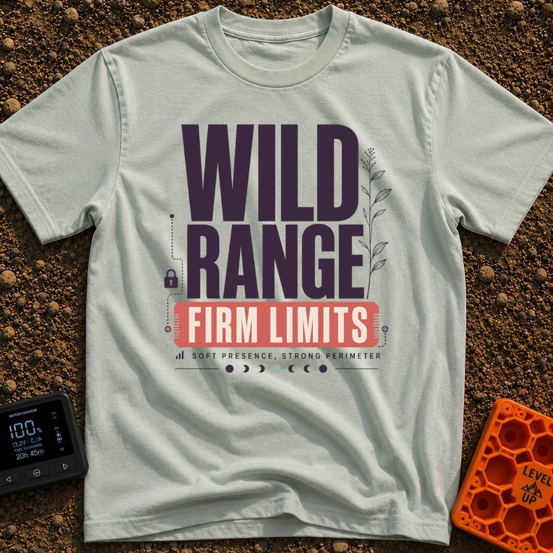 Wild Range Firm Limits - T-Shirt in Bay - A typographic design featuring the large text "WILD RANGE" above a red banner...