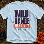 Wild Range Firm Limits - T-Shirt in Chambray - A typographic design featuring the large text "WILD RANGE" above a red...