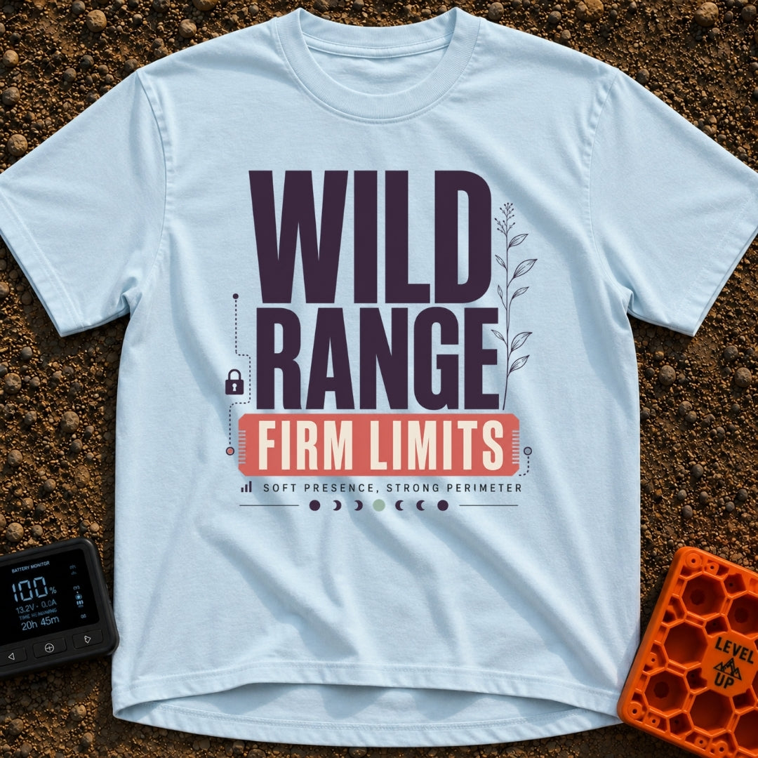 Wild Range Firm Limits - T-Shirt in Chambray - A typographic design featuring the large text "WILD RANGE" above a red...
