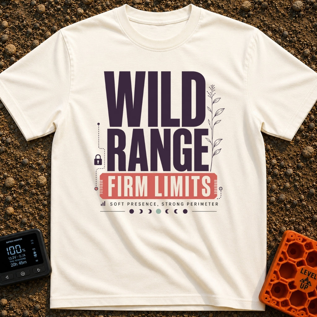 Wild Range Firm Limits - T-Shirt in Ivory - A typographic design featuring the large text "WILD RANGE" above a red banner...