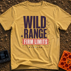 Wild Range Firm Limits - T-Shirt in Mustard - A typographic design featuring the large text "WILD RANGE" above a red...