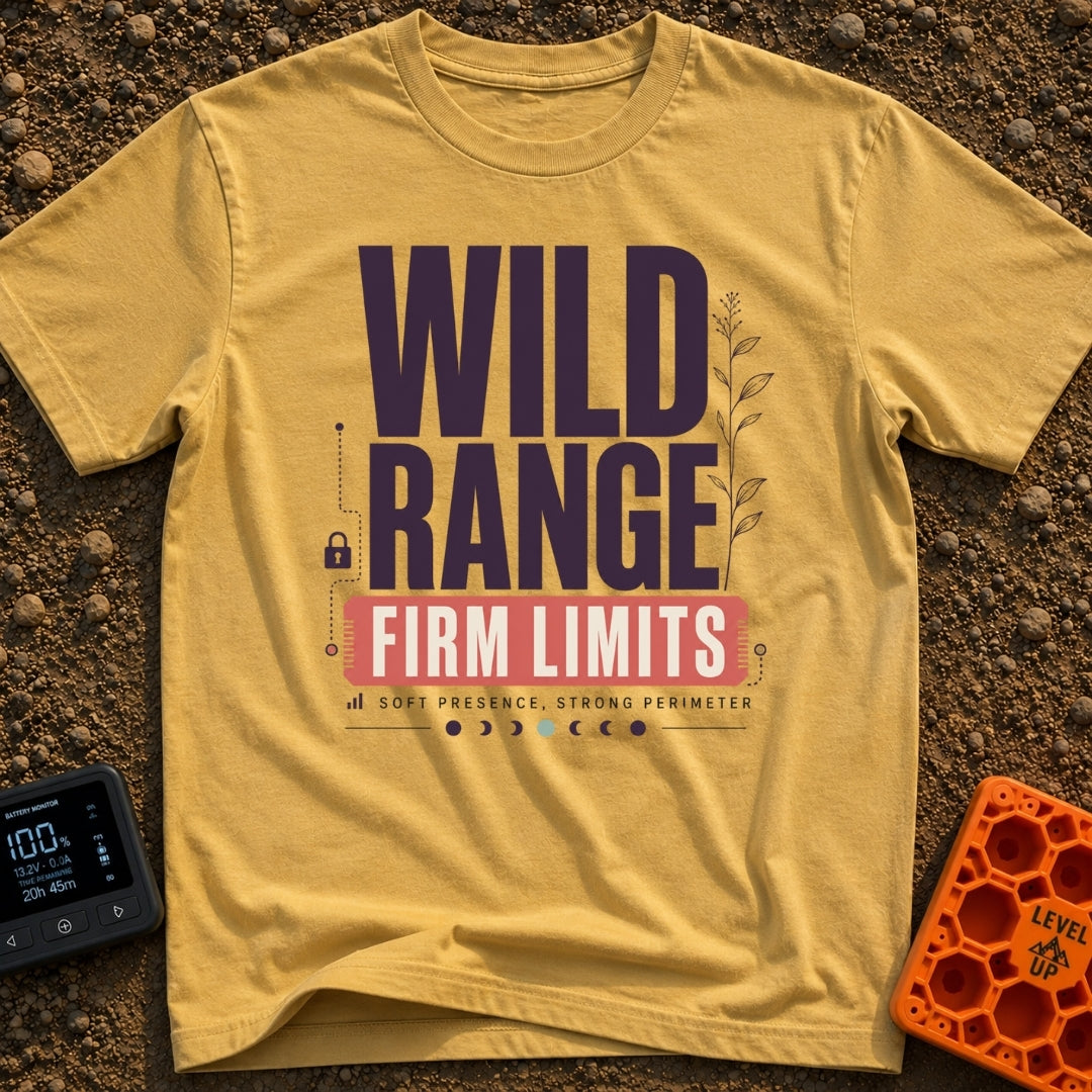 Wild Range Firm Limits - T-Shirt in Mustard - A typographic design featuring the large text "WILD RANGE" above a red...