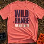 Wild Range Firm Limits - T-Shirt in Watermelon - A typographic design featuring the large text "WILD RANGE" above a red...
