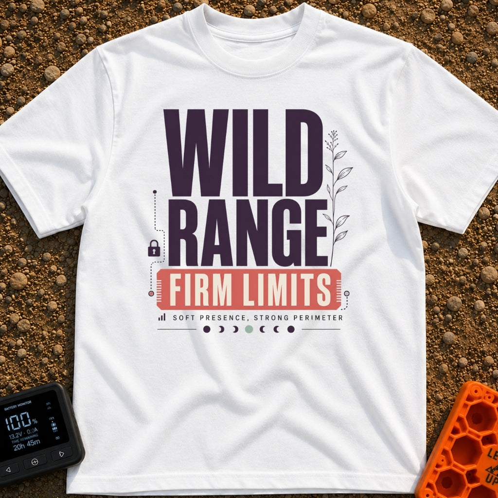 Wild Range Firm Limits - T-Shirt in White - A typographic design featuring the large text "WILD RANGE" above a red banner...