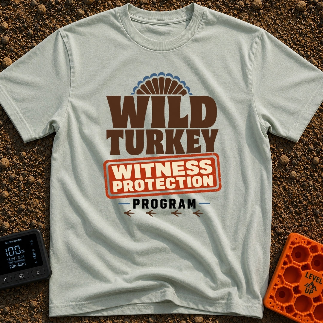Wild Turkey Witness Protection - T-Shirt in Bay - A typographic design reading "WILD TURKEY WITNESS PROTECTION PROGRAM"...