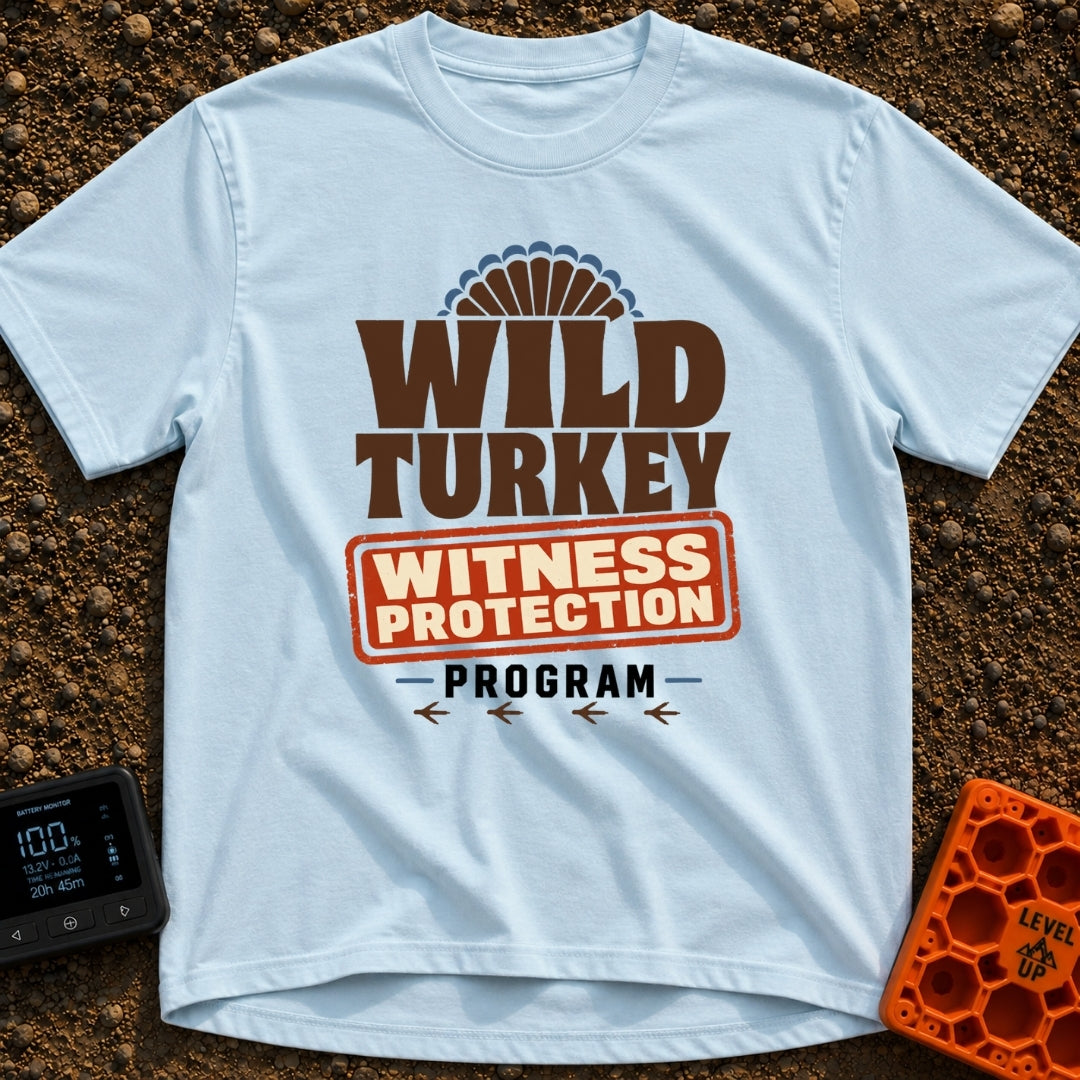 Wild Turkey Witness Protection - T-Shirt in Chambray - A typographic design reading "WILD TURKEY WITNESS PROTECTION...