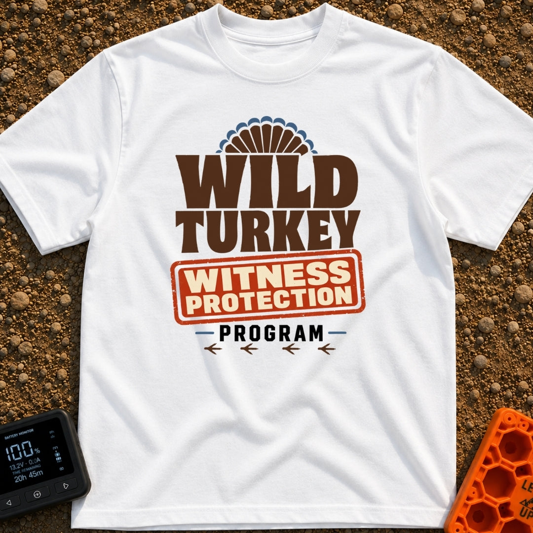 Wild Turkey Witness Protection - T-Shirt in White - A typographic design reading "WILD TURKEY WITNESS PROTECTION PROGRAM"...