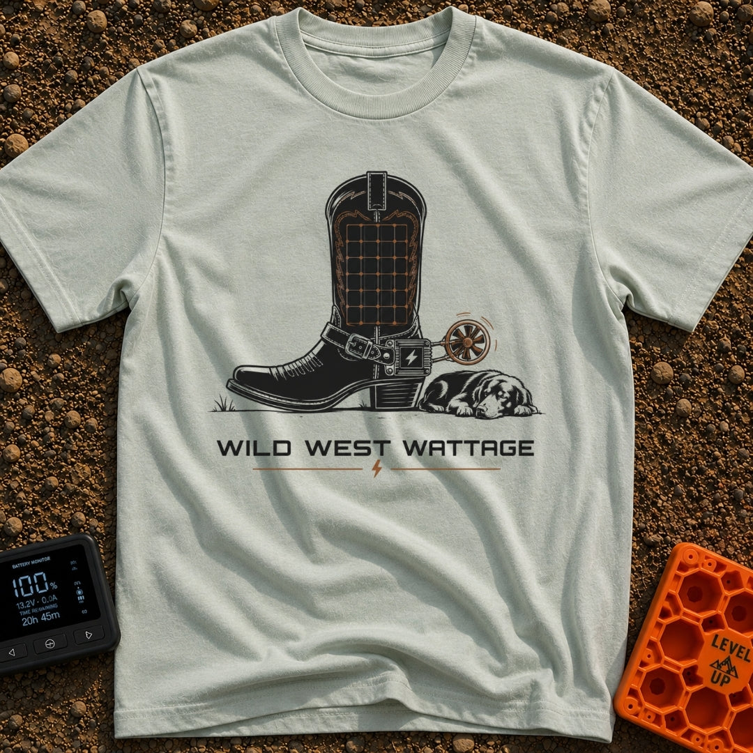 How Watt Was Won - T-Shirt in Bay - A black cowboy boot featuring a solar panel grid on its shaft and a mechanical spur...