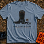 How Watt Was Won - T-Shirt in Blue Jean - A black cowboy boot featuring a solar panel grid on its shaft and a mechanical...