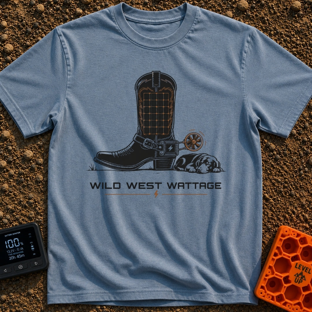 How Watt Was Won - T-Shirt in Blue Jean - A black cowboy boot featuring a solar panel grid on its shaft and a mechanical...