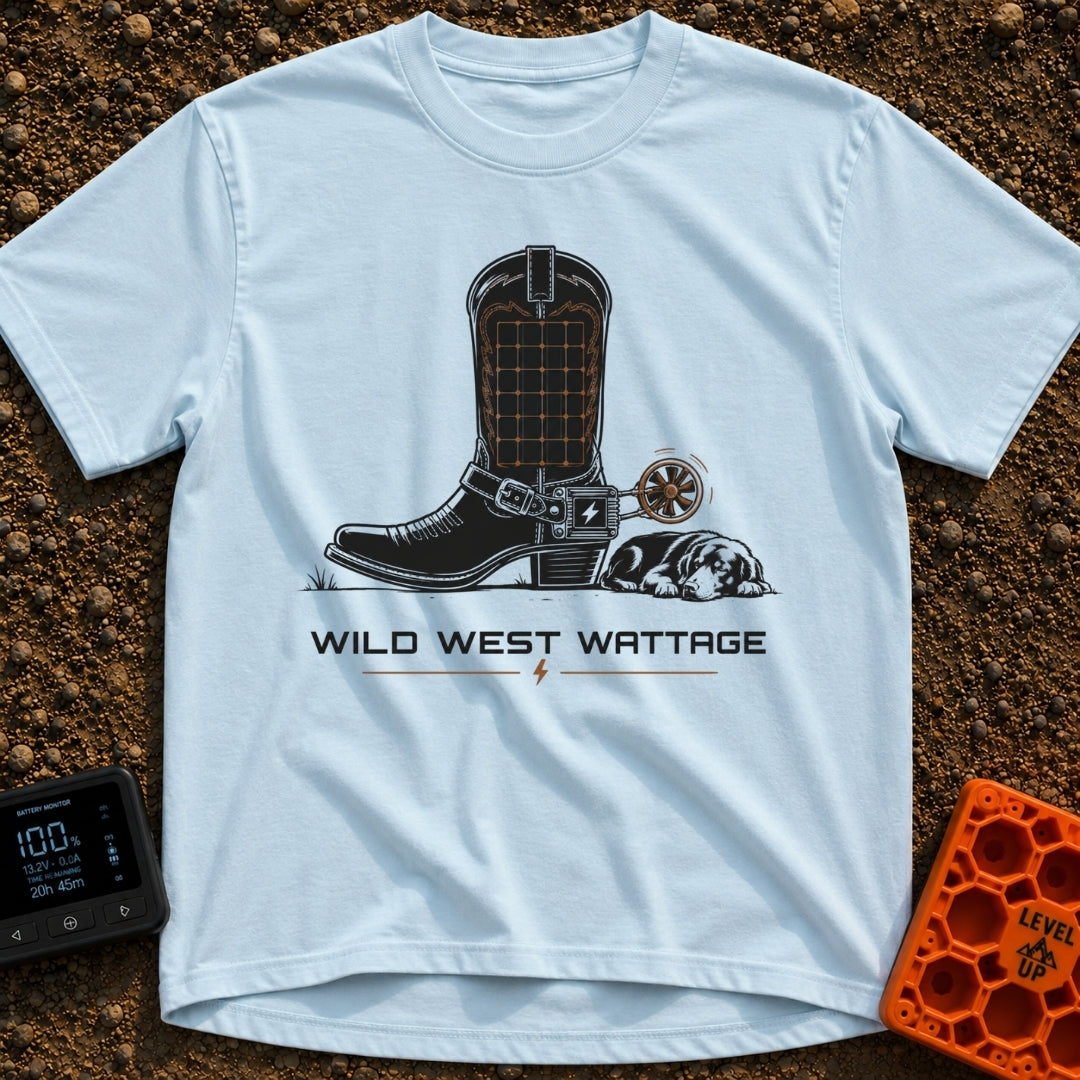 How Watt Was Won - T-Shirt in Chambray - A black cowboy boot featuring a solar panel grid on its shaft and a mechanical...