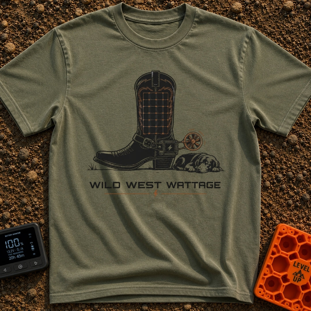 How Watt Was Won - T-Shirt in Moss - A black cowboy boot featuring a solar panel grid on its shaft and a mechanical spur...