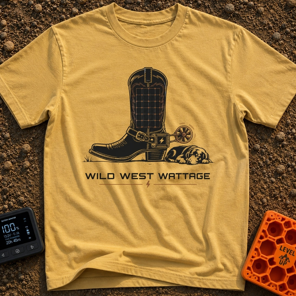How Watt Was Won - T-Shirt in Mustard - A black cowboy boot featuring a solar panel grid on its shaft and a mechanical...