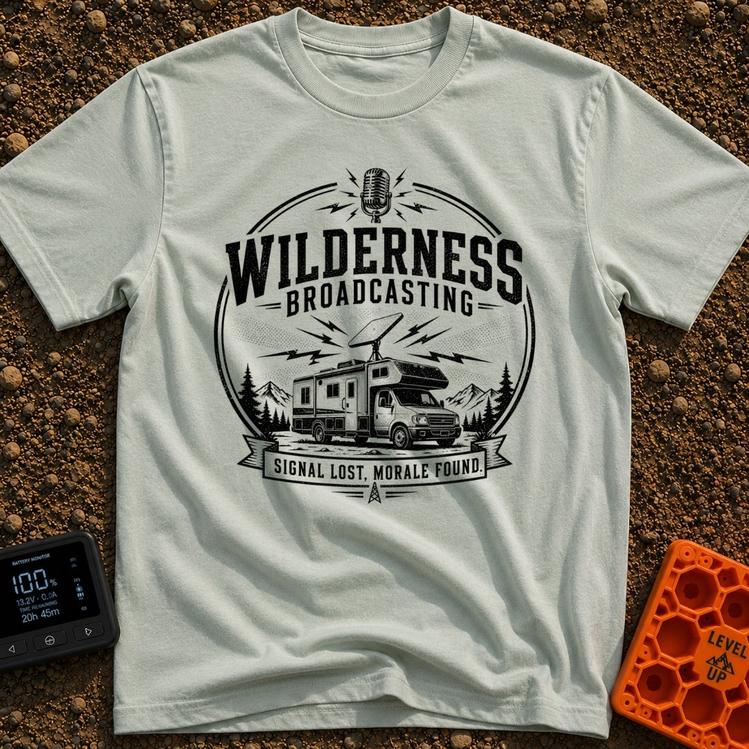 Wilderness Broadcasting System - T-Shirt in Bay - A black and white circular emblem illustration showing a Class C...