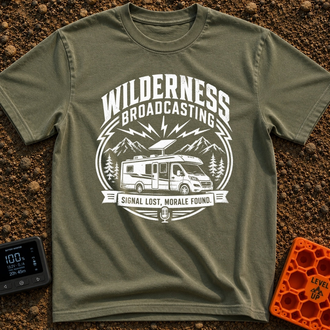 Wilderness Broadcasting System - T-Shirt in Moss - A black and white circular emblem illustration showing a Class C...