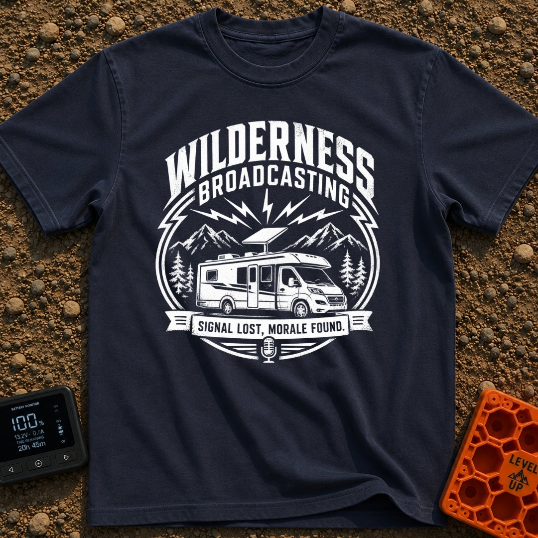 Wilderness Broadcasting System - T-Shirt in Navy - A black and white circular emblem illustration showing a Class C...