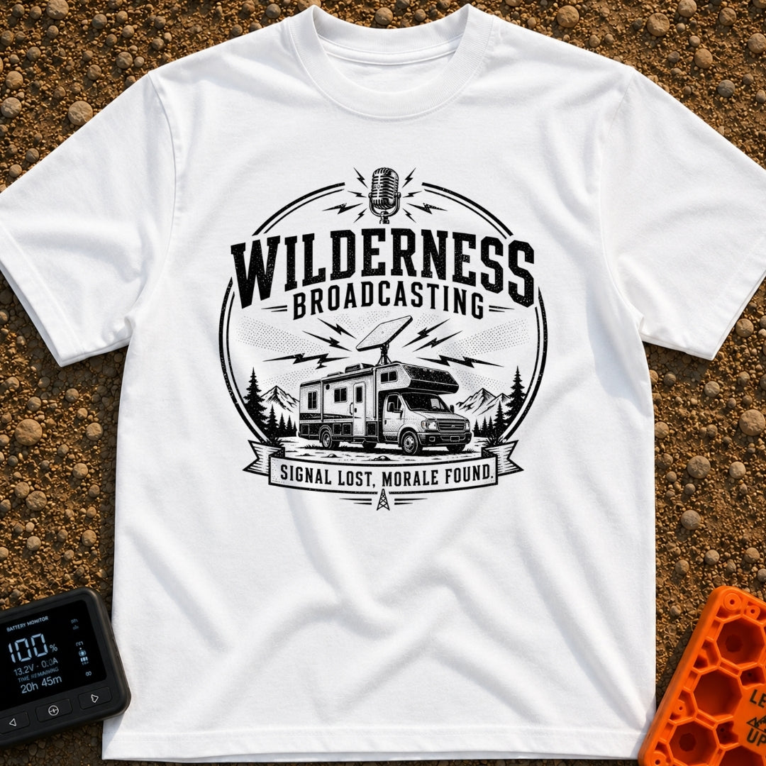 Wilderness Broadcasting System - T-Shirt in White - A black and white circular emblem illustration showing a Class C...