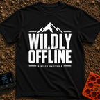 Wildly Off The Grid - T-Shirt in Black - A typographic design featuring the large bold text "WILDLY OFFLINE" with pine...