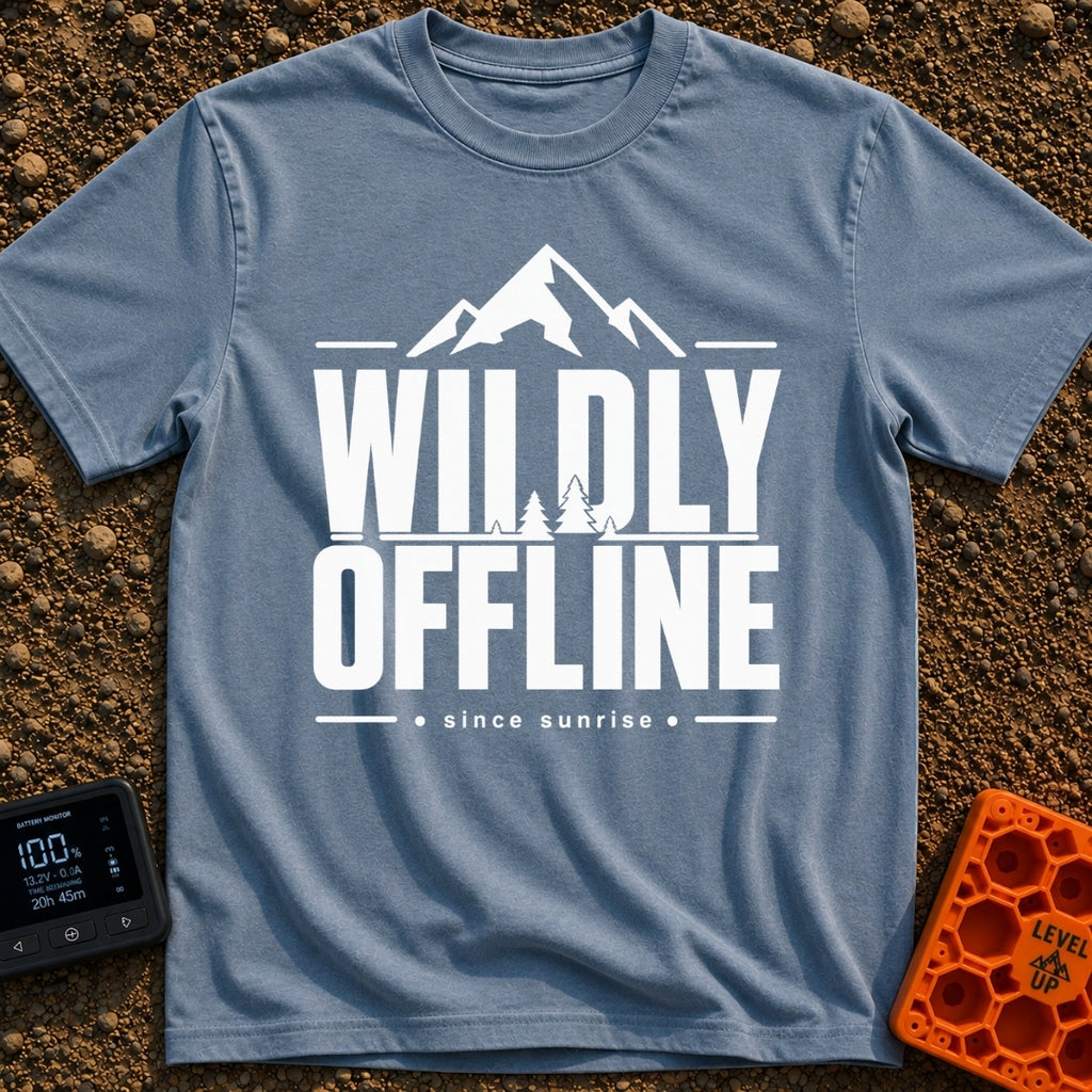 Wildly Off The Grid - T-Shirt in Blue Jean - A typographic design featuring the large bold text "WILDLY OFFLINE" with...