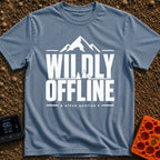 Wildly Off The Grid - T-Shirt in Blue Jean - A typographic design featuring the large bold text "WILDLY OFFLINE" with...