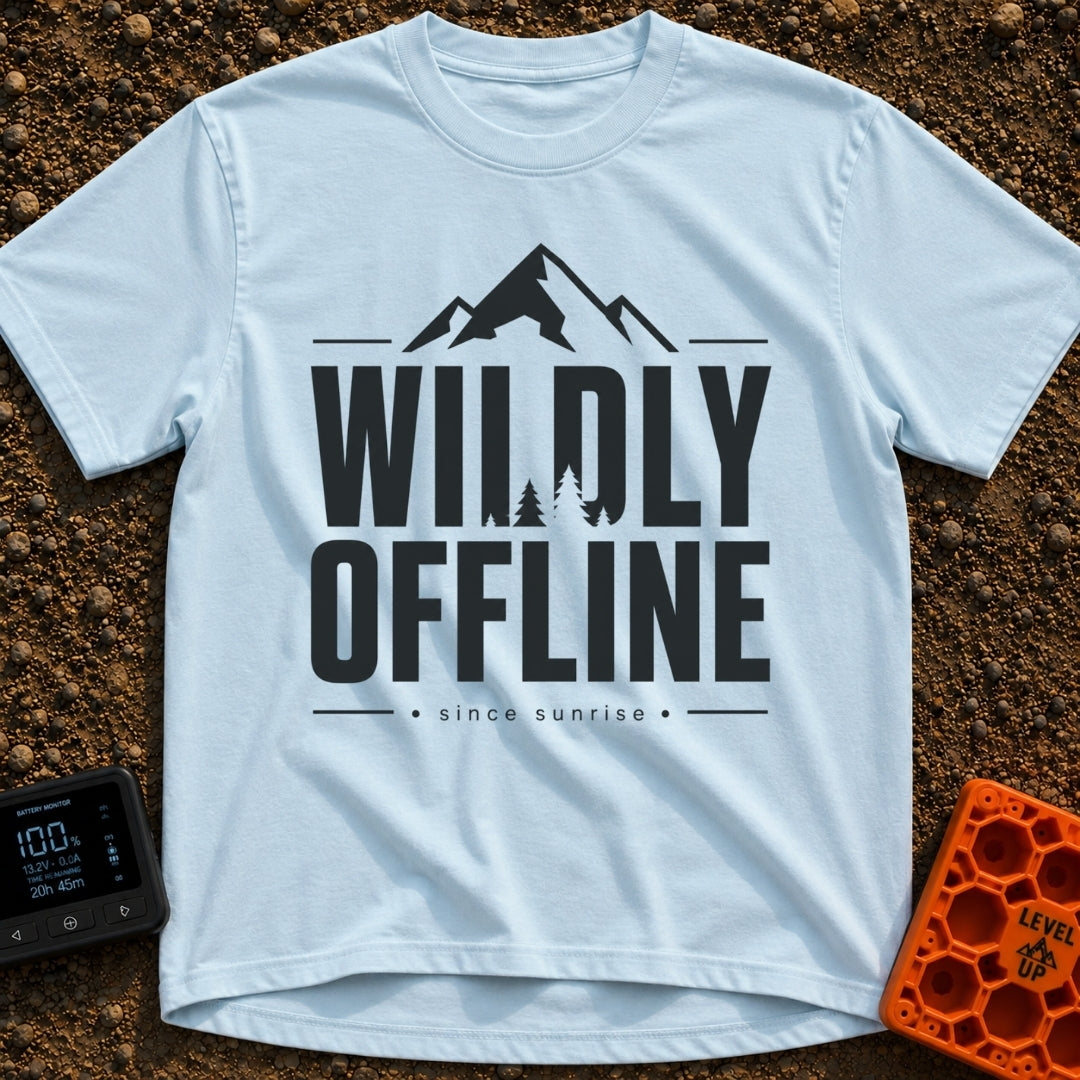 Wildly Off The Grid - T-Shirt in Chambray - A typographic design featuring the large bold text "WILDLY OFFLINE" with pine...