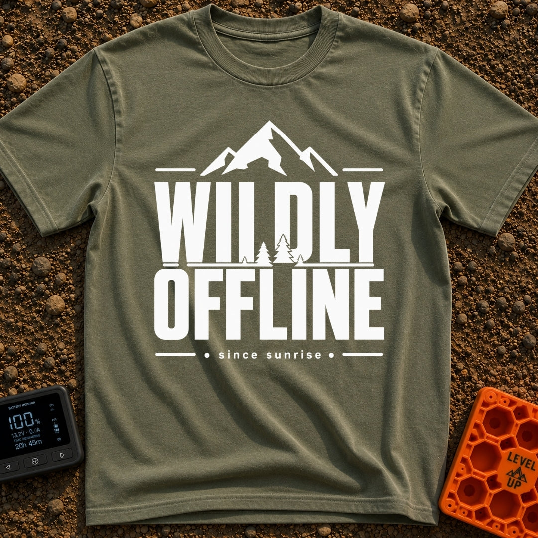 Wildly Off The Grid - T-Shirt in Moss - A typographic design featuring the large bold text "WILDLY OFFLINE" with pine...