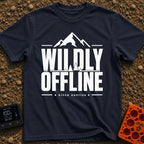 Wildly Off The Grid - T-Shirt in Navy - A typographic design featuring the large bold text "WILDLY OFFLINE" with pine...
