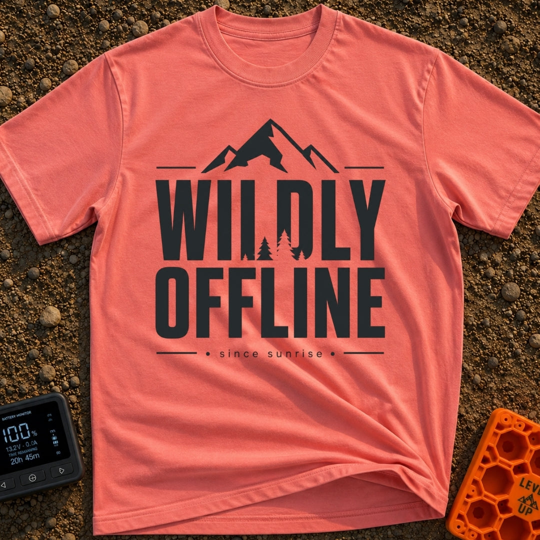 Wildly Off The Grid - T-Shirt in Watermelon - A typographic design featuring the large bold text "WILDLY OFFLINE" with...