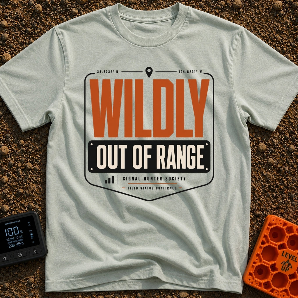 Wildly Out Of Range - T-Shirt in Bay - A typographic badge design featuring the text 'WILDLY OUT OF RANGE' with 'WILDLY'...