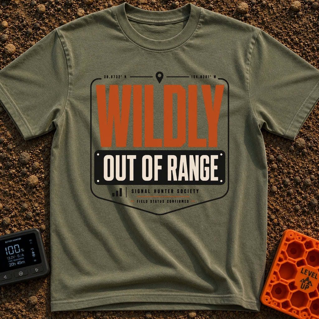 Wildly Out Of Range - T-Shirt in Moss - A typographic badge design featuring the text 'WILDLY OUT OF RANGE' with 'WILDLY'...