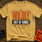 Wildly Out Of Range - T-Shirt in Mustard - A typographic badge design featuring the text 'WILDLY OUT OF RANGE' with...