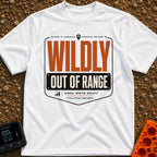 Wildly Out Of Range - T-Shirt in White - A typographic badge design featuring the text 'WILDLY OUT OF RANGE' with...