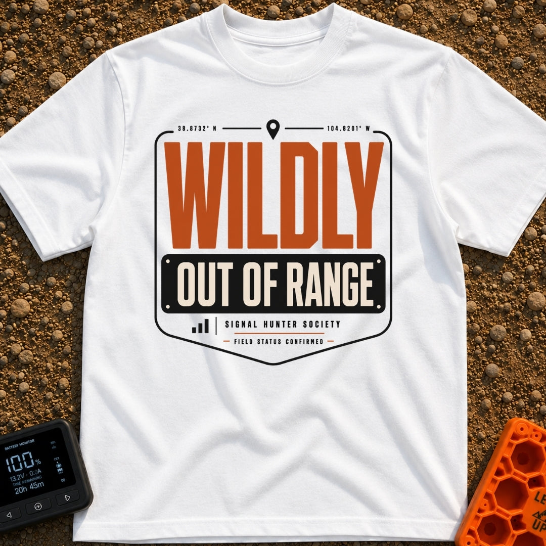 Wildly Out Of Range - T-Shirt in White - A typographic badge design featuring the text 'WILDLY OUT OF RANGE' with...