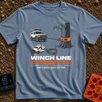 Mind Your Line - T-Shirt in Blue Jean - An illustration of a white 4x4 SUV using a front winch attached to a tree with an...