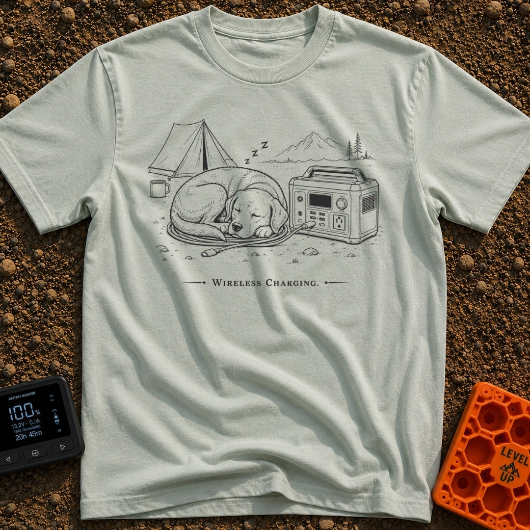 Let Sleeping Dogs Charge - T-Shirt in Bay - A black and white line drawing of a dog sleeping on a coiled charging cable...
