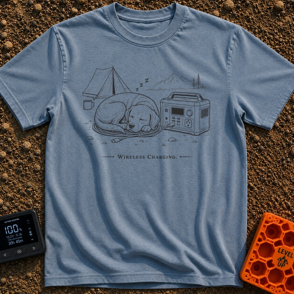 Let Sleeping Dogs Charge - T-Shirt in Blue Jean - A black and white line drawing of a dog sleeping on a coiled charging...