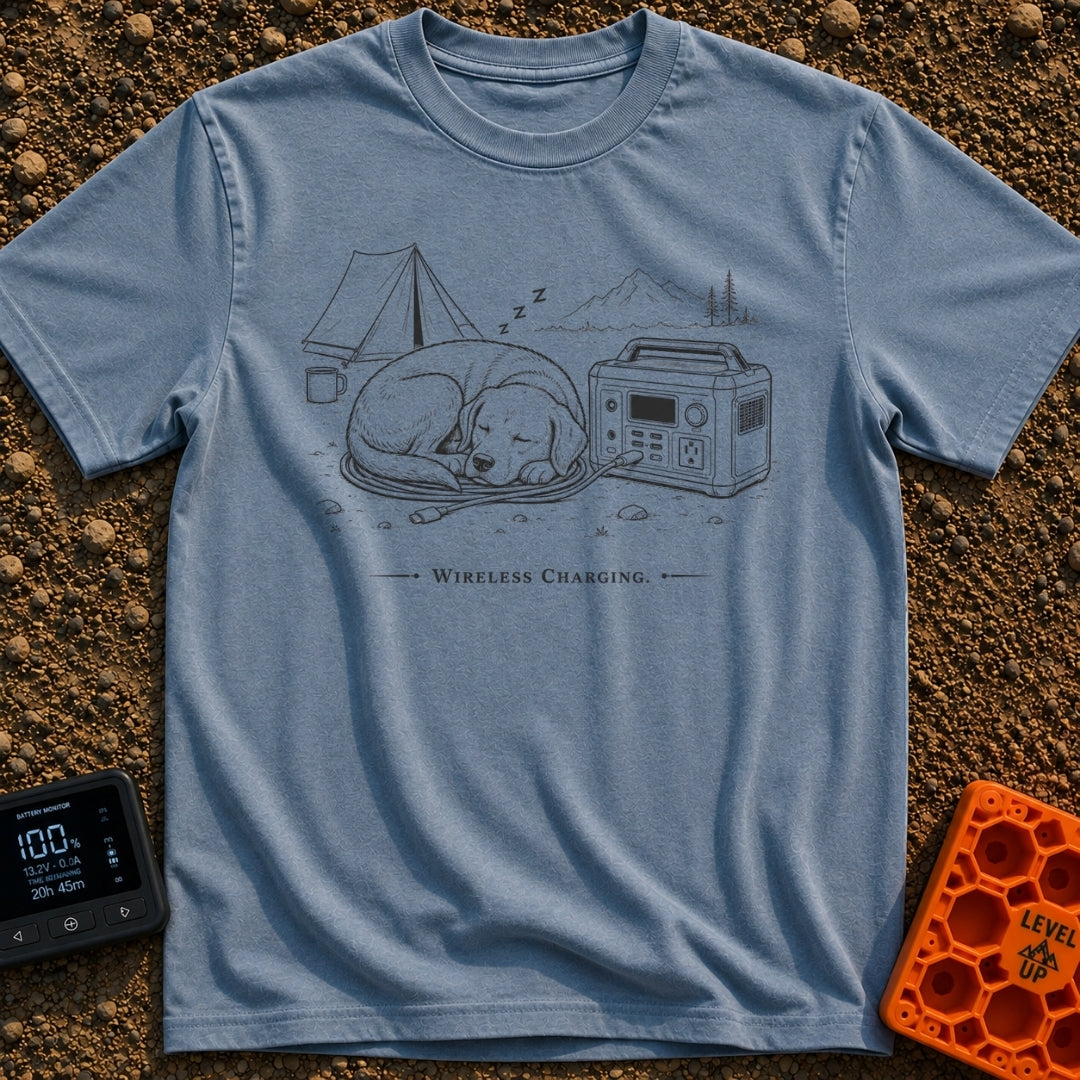 Let Sleeping Dogs Charge - T-Shirt in Blue Jean - A black and white line drawing of a dog sleeping on a coiled charging...
