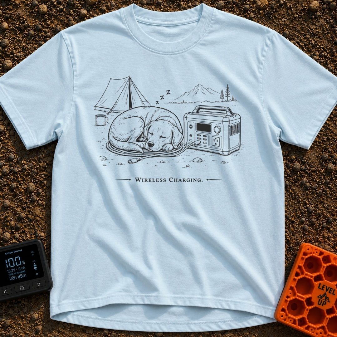 Let Sleeping Dogs Charge - T-Shirt in Chambray - A black and white line drawing of a dog sleeping on a coiled charging...