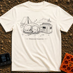 Let Sleeping Dogs Charge - T-Shirt in Ivory - A black and white line drawing of a dog sleeping on a coiled charging cable...