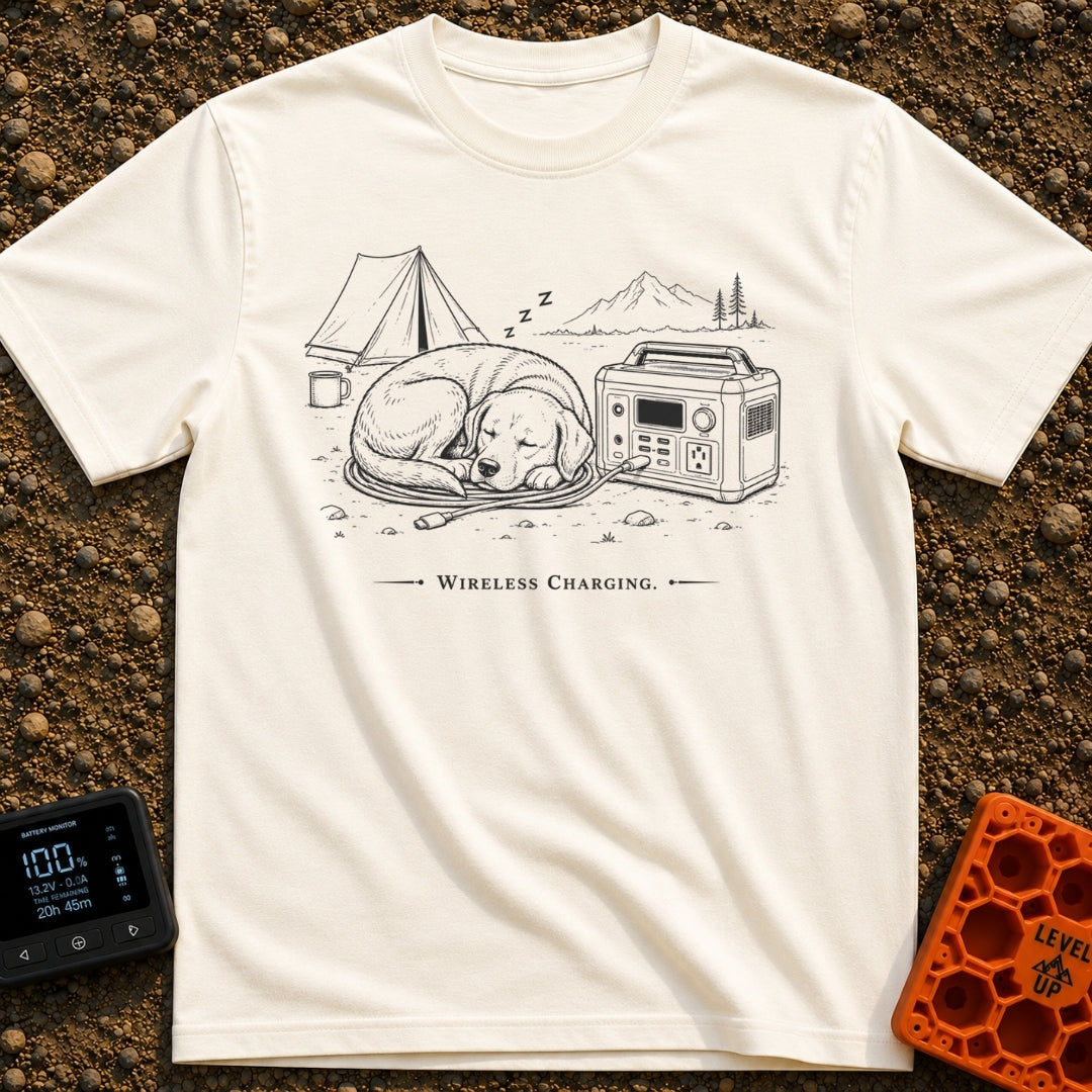 Let Sleeping Dogs Charge - T-Shirt in Ivory - A black and white line drawing of a dog sleeping on a coiled charging cable...