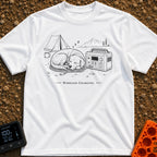 Let Sleeping Dogs Charge - T-Shirt in White - A black and white line drawing of a dog sleeping on a coiled charging cable...